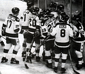 The 1980 USA Men's Olympic Gold Medal winning hockey team celebrates. Bob Suter, #20, is in the foreground. Suter died September 9 at the age of 57.